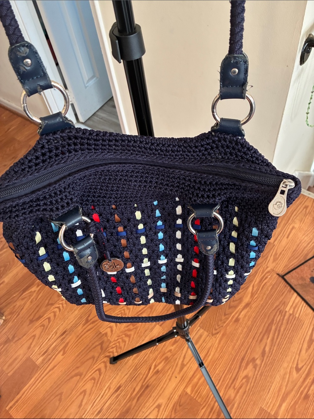 Sakroots Navy Crochet Shoulder Tote with Multicolor Woven Stripes - Picture 4 of 8